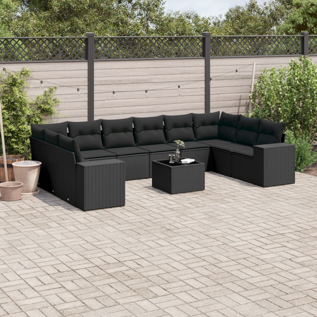 10-tlg. Garten-Sofagarnitur mit Kissen Schwarz Poly Rattan