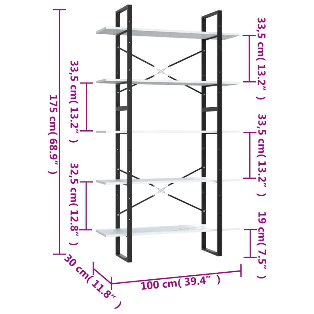 Bücherregal 5 Fächer Weiß 40x30x175 cm Holzwerkstoff