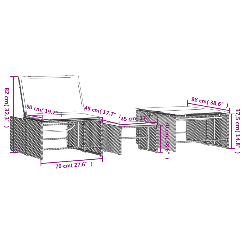 Modulare Sonnenliegen 2 Stk. mit Tisch Schwarz Poly Rattan