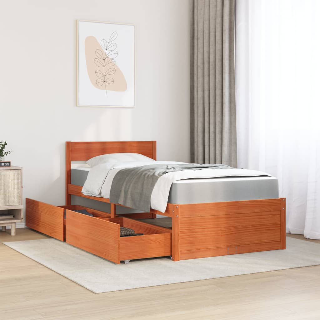 Bett mit Schubladen und Matratze 200x200 cm Massivholz Kiefer