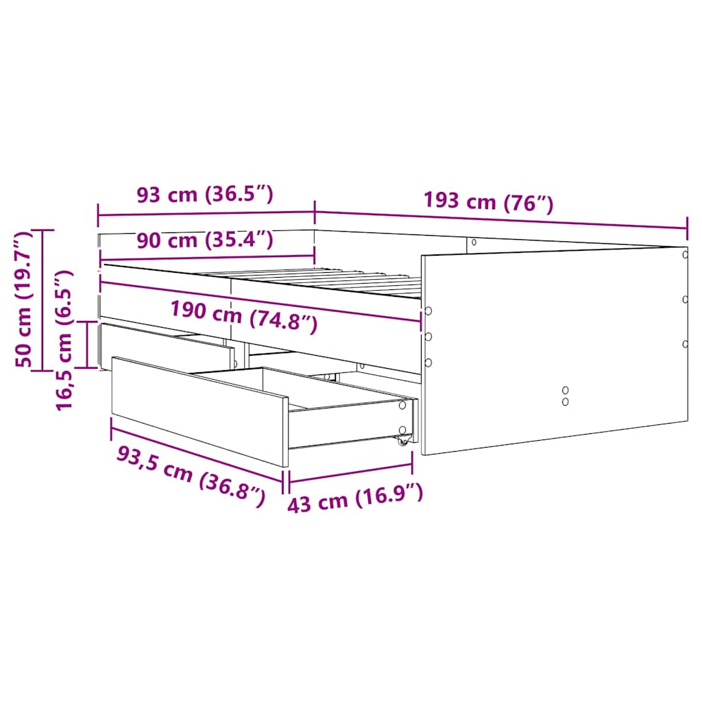 Bett mit Schubladen Braun Eiche-Optik 75x190 cm