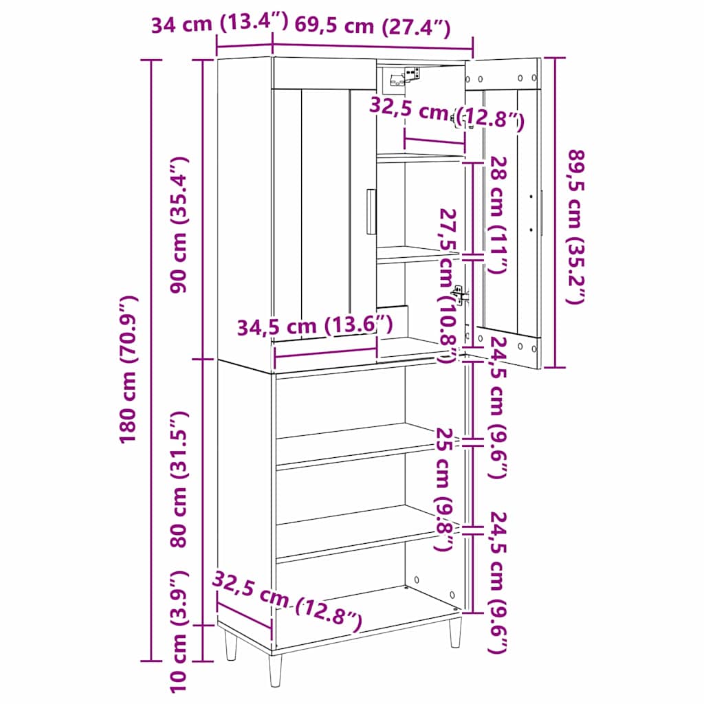 Highboard Altholz 69,5 x 34 x 180 cm Engineered Wood und Glas