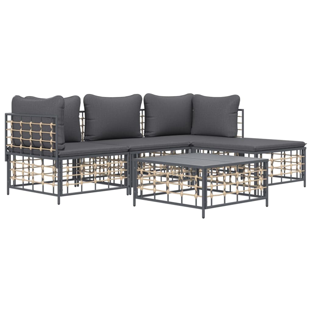 5-tlg. Garten-Lounge-Set mit Kissen Anthrazit Poly Rattan