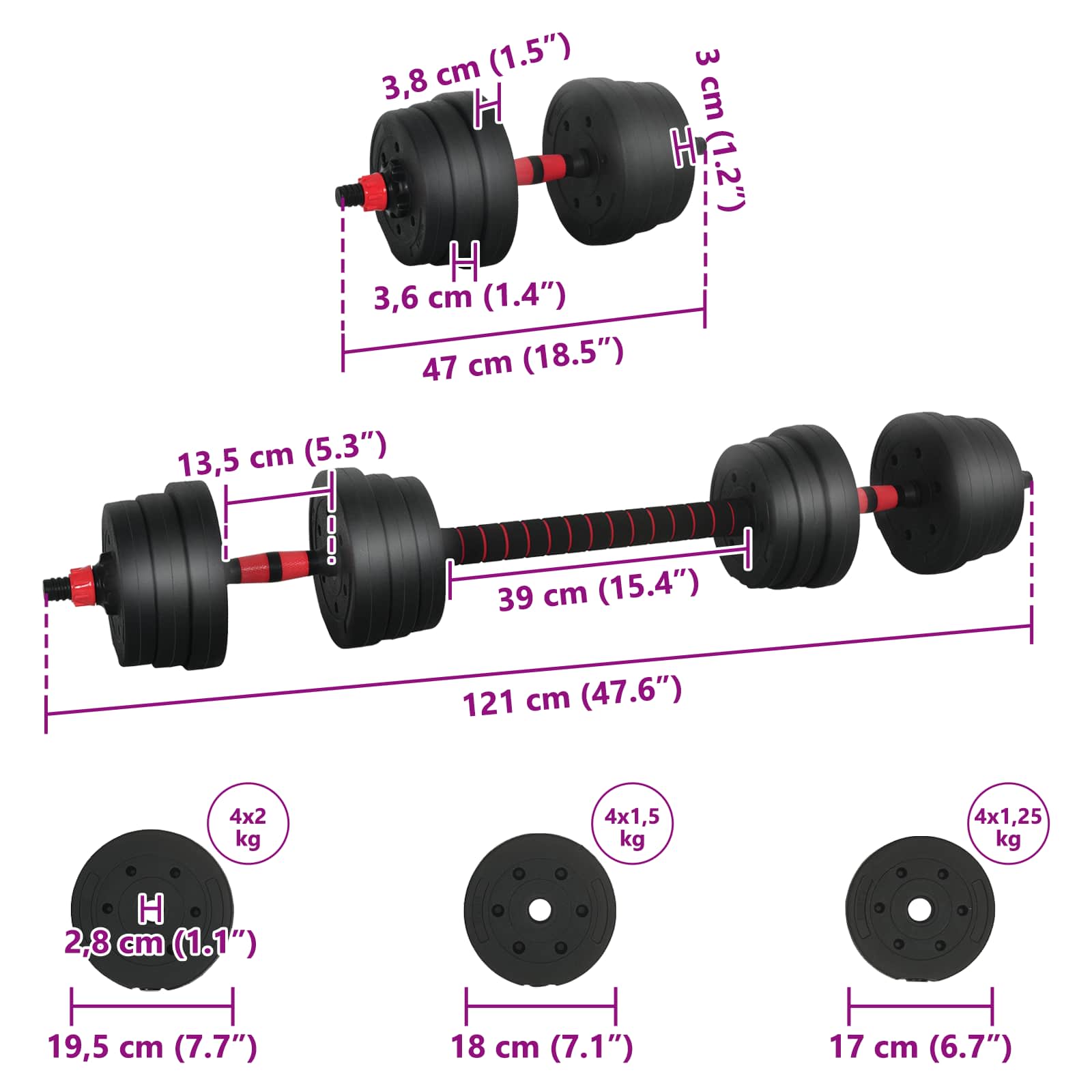 2-in-1 Hantelset 40kg Schwarz und Rot Zement und Eisensand