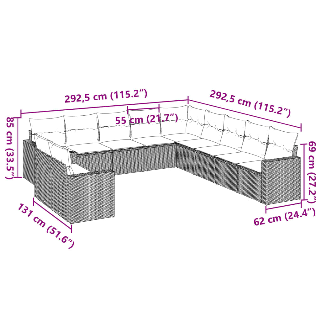 11-tlg. Garten-Sofagarnitur mit Kissen Schwarz Poly Rattan