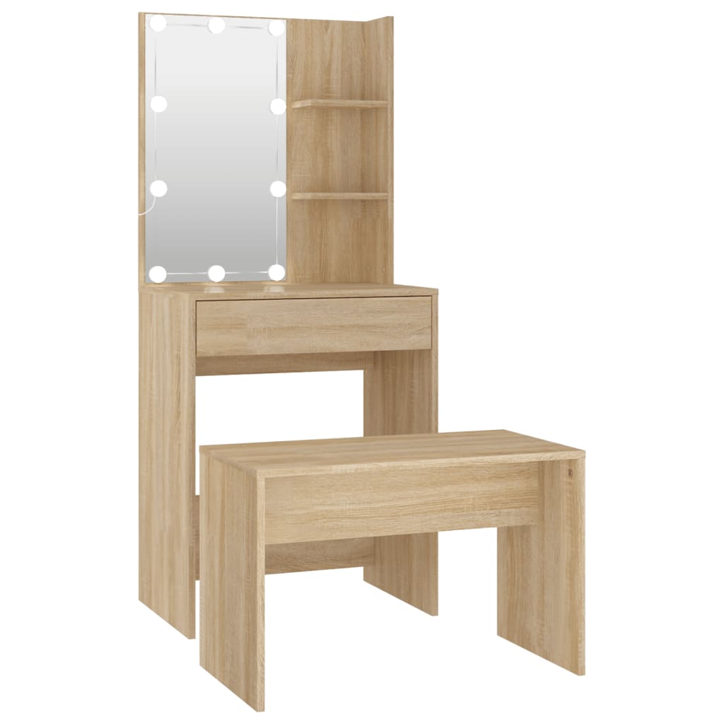 Schminktisch-Set mit LED Weiß Holzwerkstoff