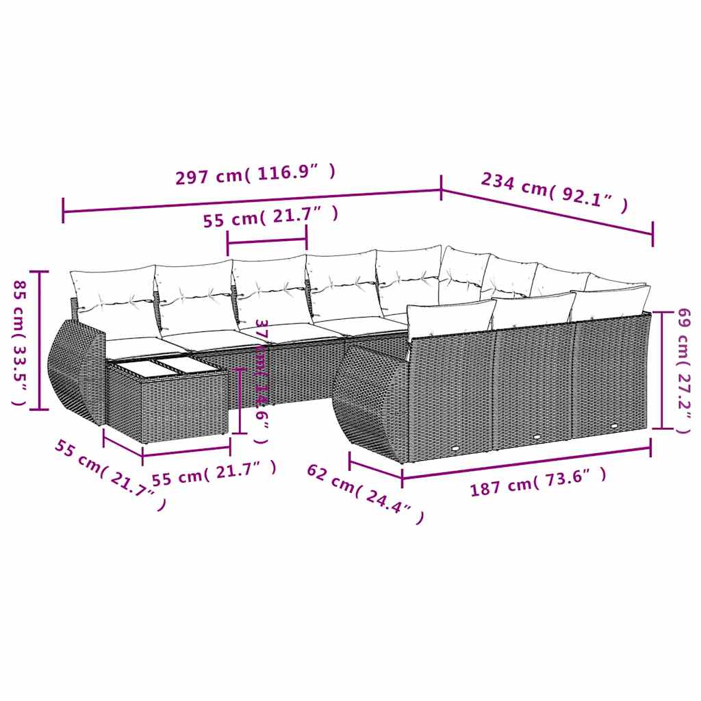 11-tlg. Garten-Sofagarnitur mit Kissen Schwarz Poly Rattan