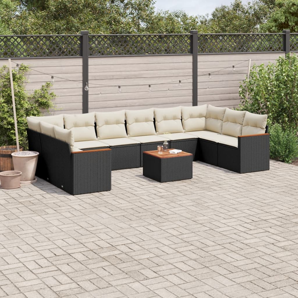 10-tlg. Garten-Sofagarnitur mit Kissen Schwarz Poly Rattan