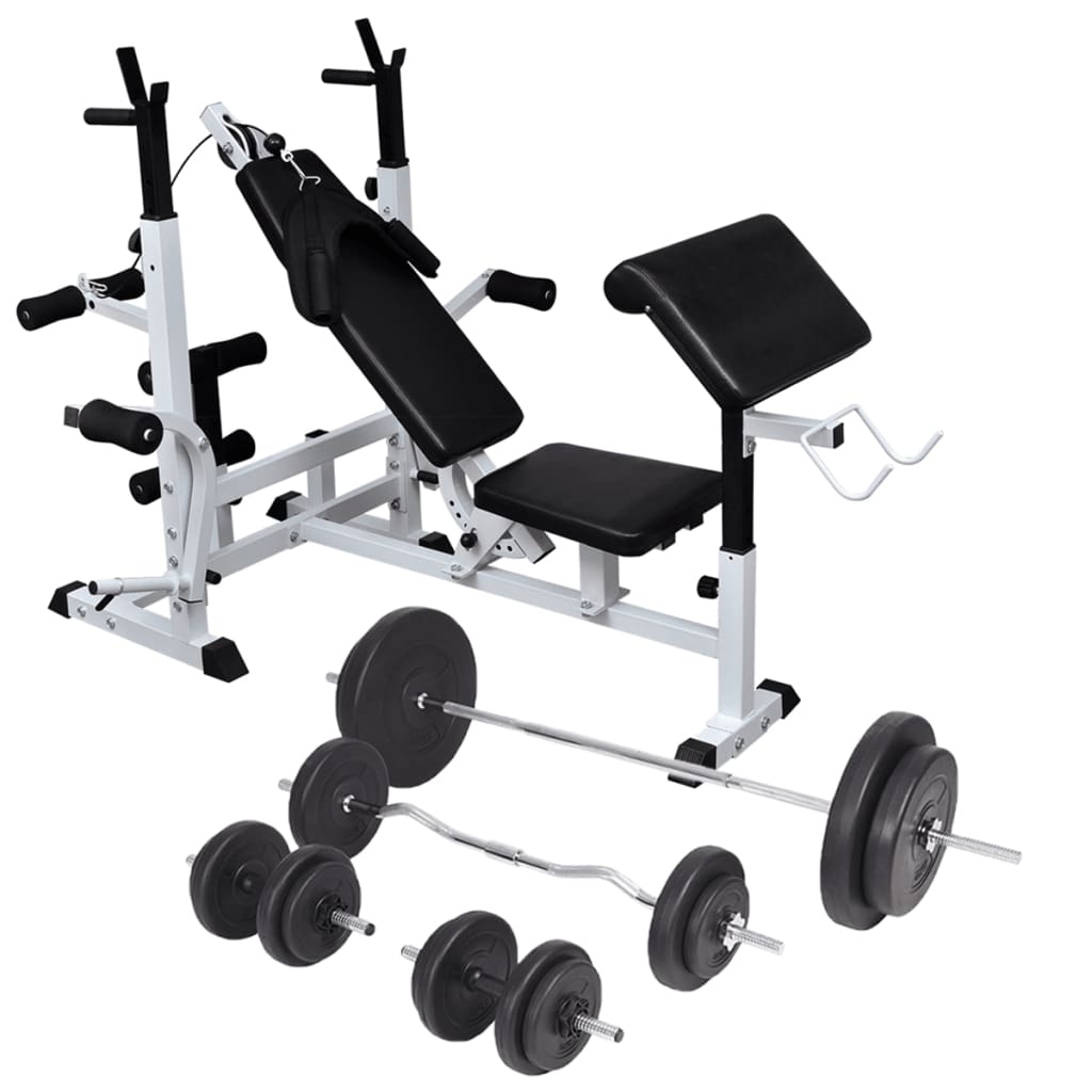 Hantelbank mit Ablage, Langhantel und Kurzhantel-Set 90 kg