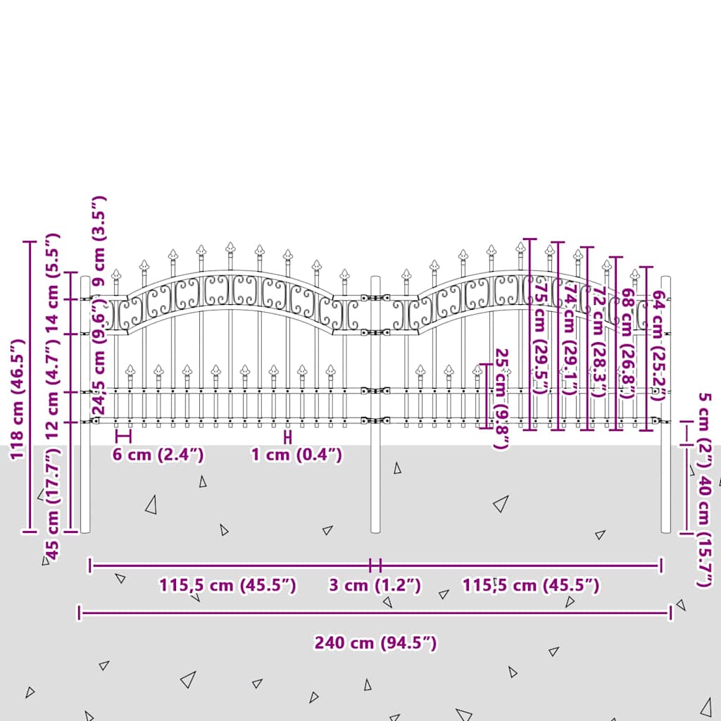 Gartenzaun KAMPEN mit Speerspitze Schwarz 240 x 75 cm Stahl