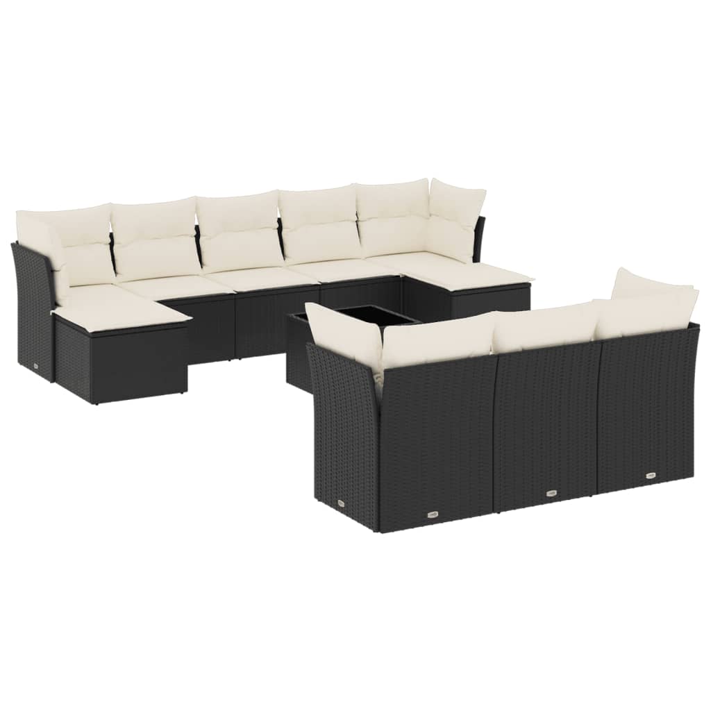 10-tlg. Garten-Sofagarnitur mit Kissen Schwarz Poly Rattan