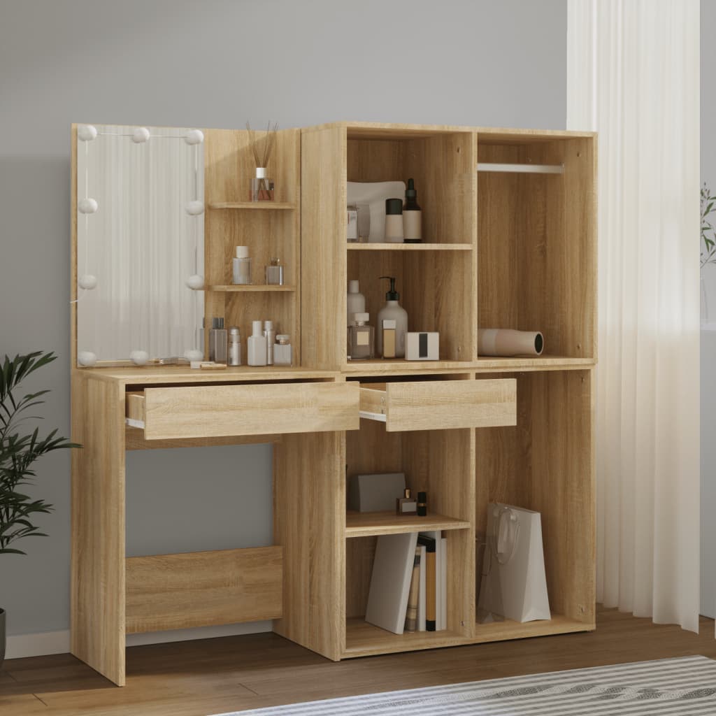 LED-Schminktisch mit 2 Schränken Weiß Holzwerkstoff