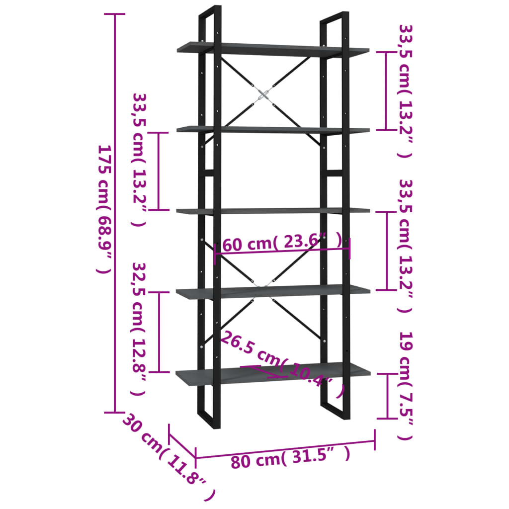 Bücherregal 5 Fächer Weiß 40x30x175 cm Holzwerkstoff