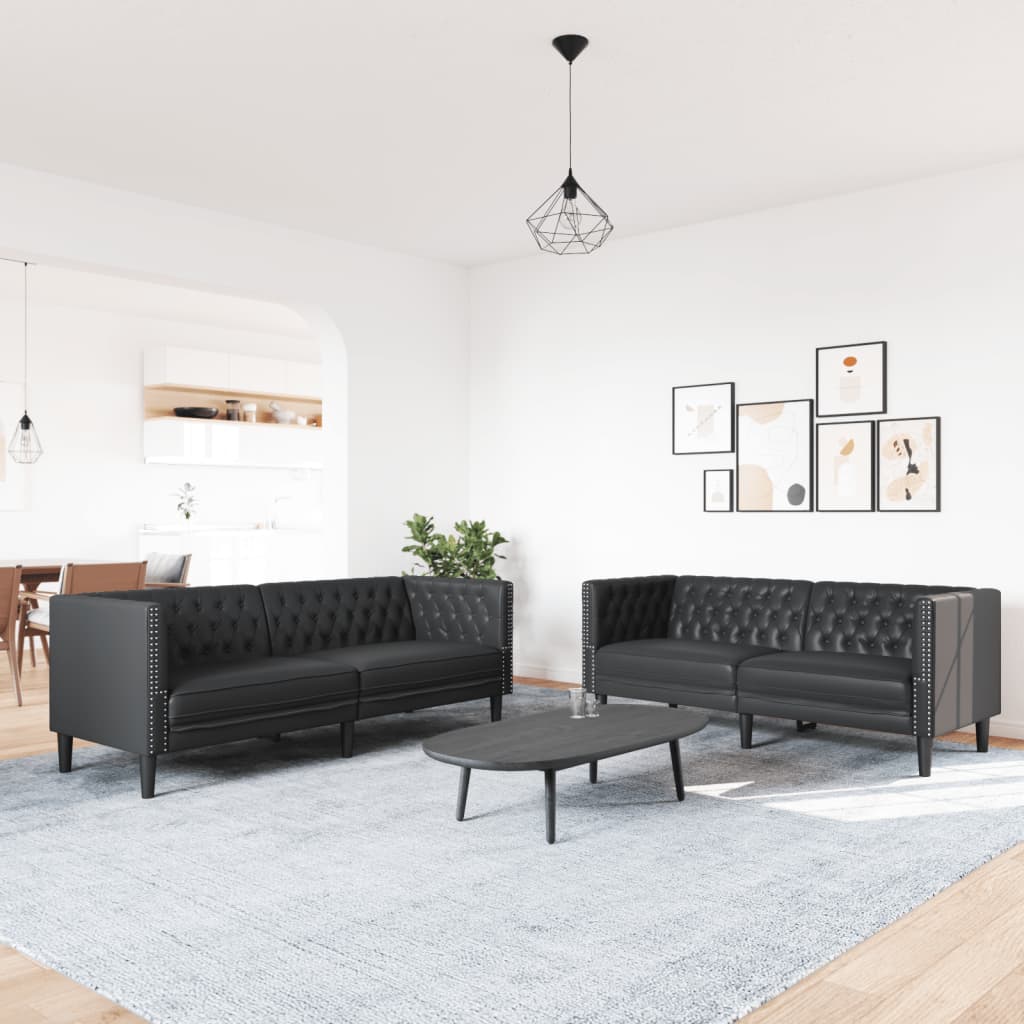 3-tlg. Chesterfield-Sofa-Set Schwarz Kunstleder