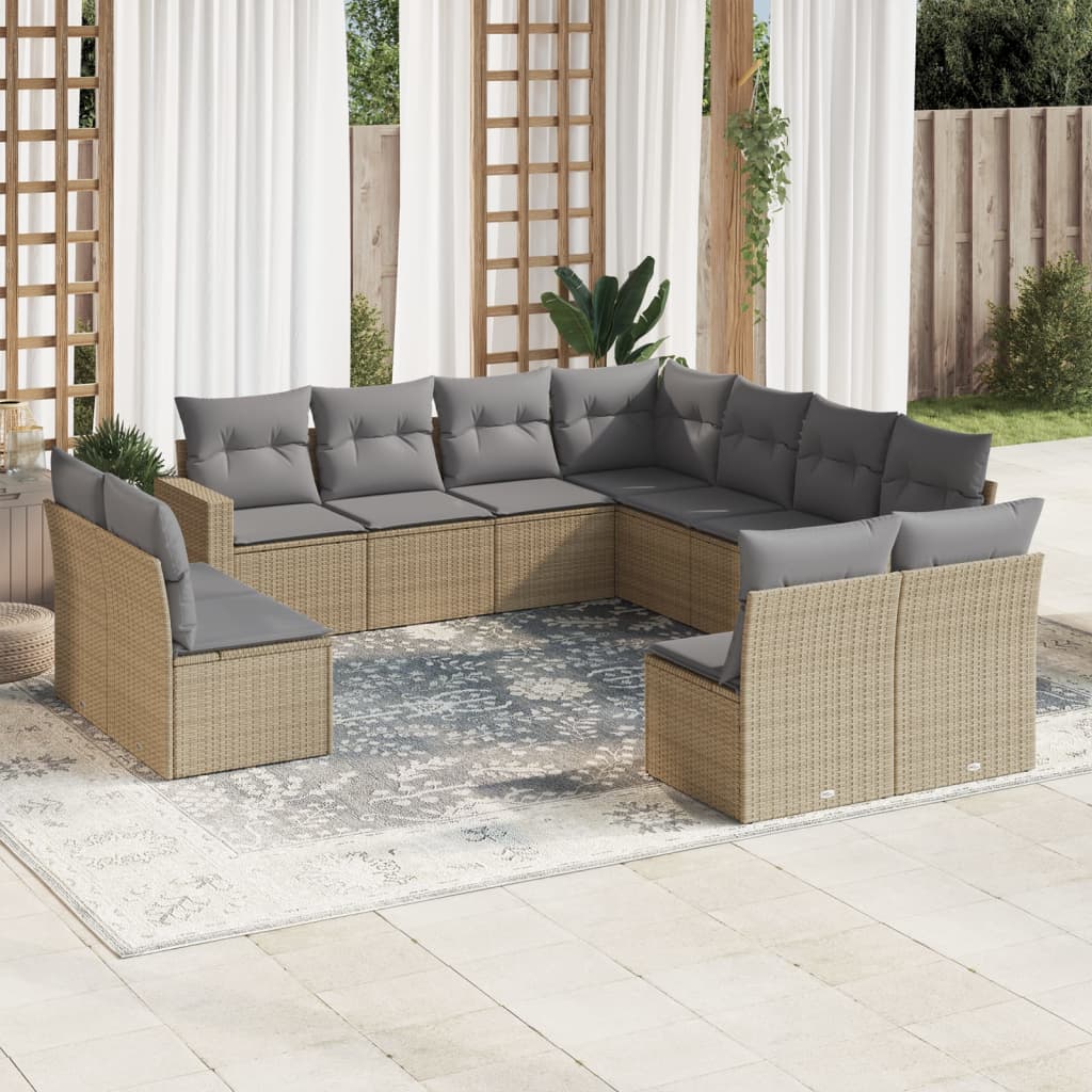 11-tlg. Garten-Sofagarnitur mit Kissen Schwarz Poly Rattan