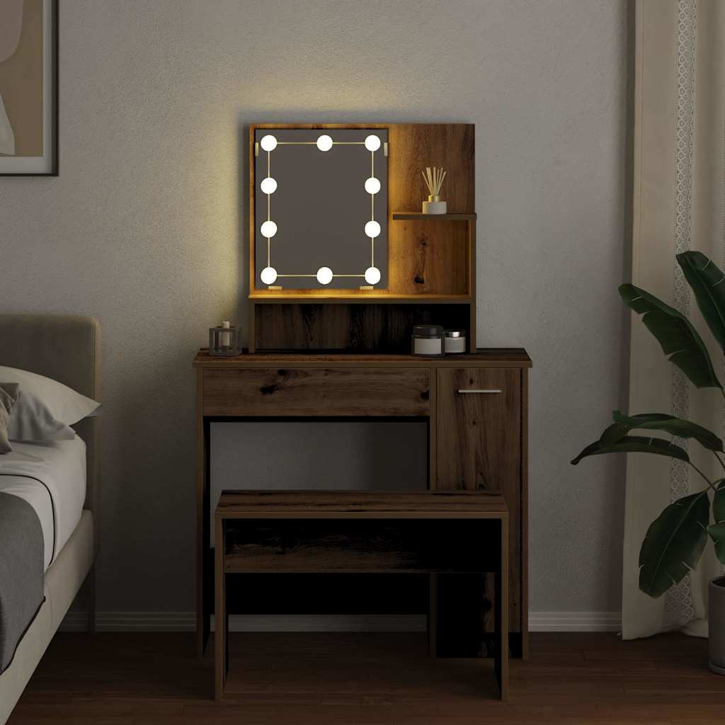 Schminktisch-Set mit LED Weiß Holzwerkstoff