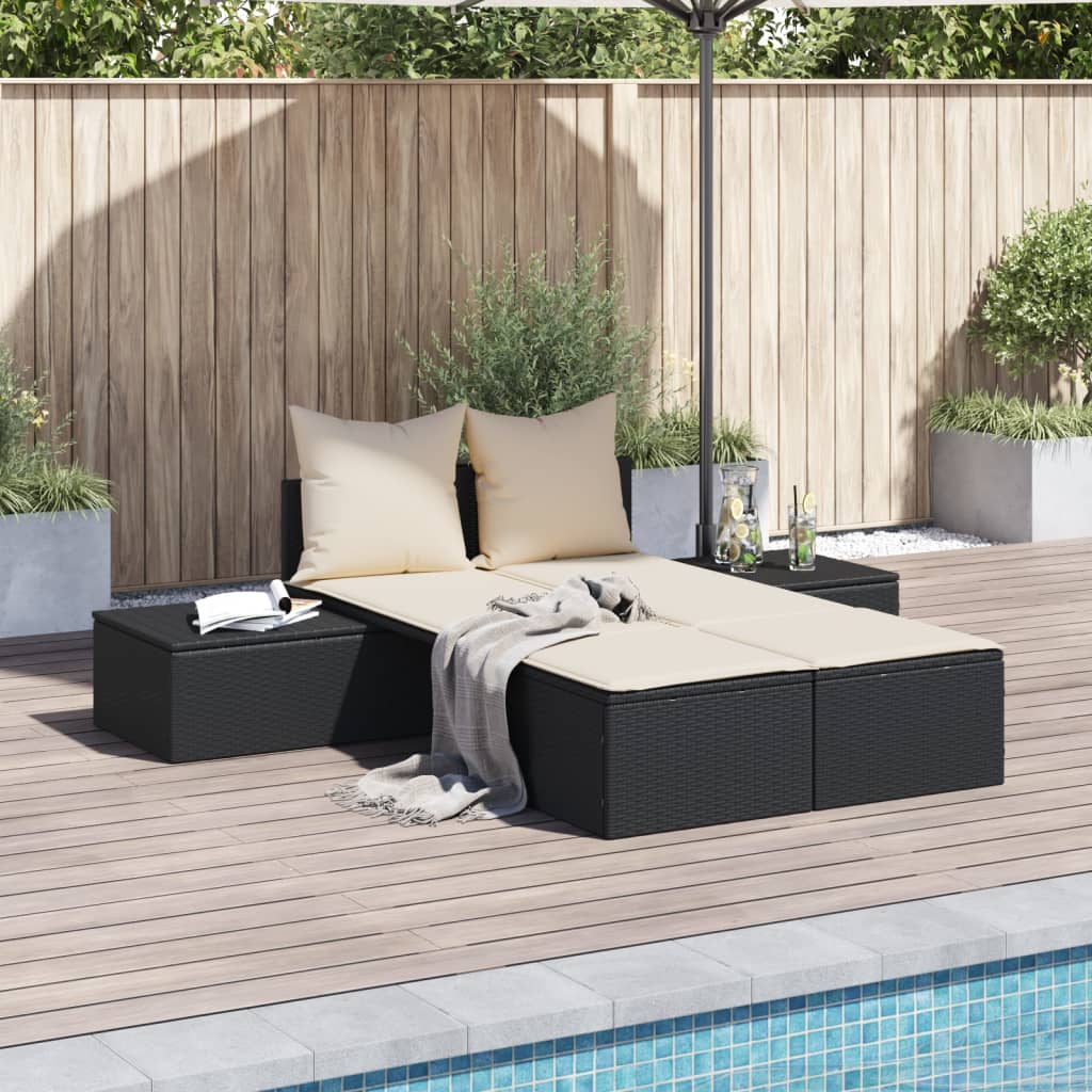 Doppel-Sonnenliege mit Auflagen Beige Poly Rattan