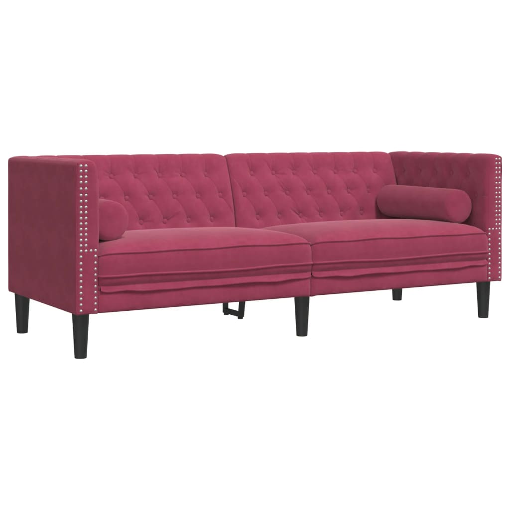 3-tlg. Chesterfield-Sofa-Set mit Nackenrollen Hellgrau Samt