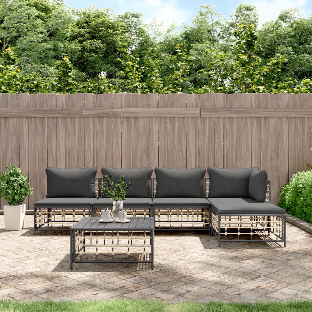 5-tlg. Garten-Lounge-Set mit Kissen Anthrazit Poly Rattan