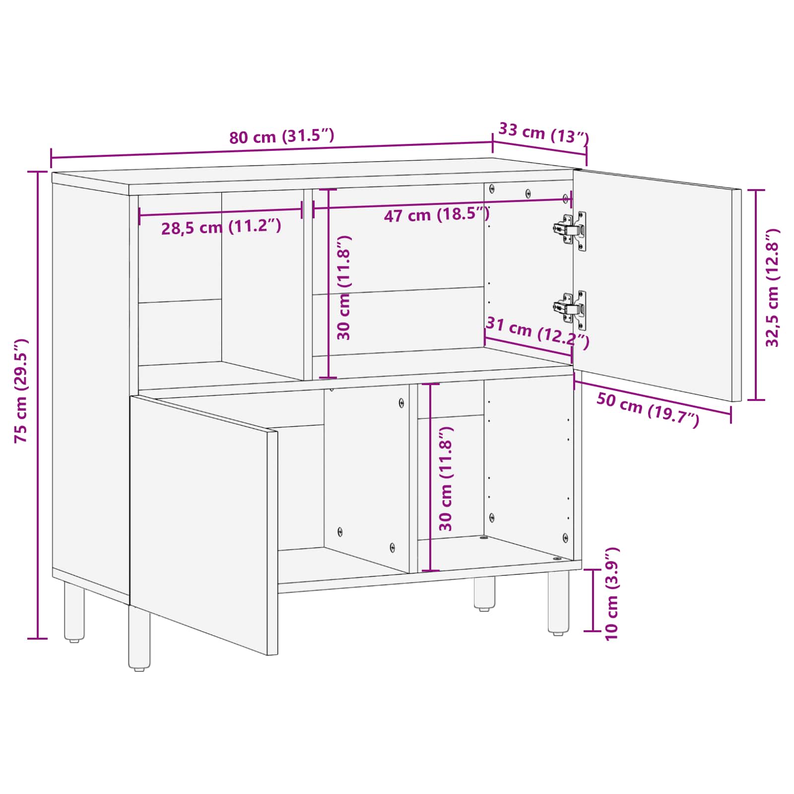 Sideboard mit Tür Weiße gewaschene Oberfläche 80 x 33 x 75 cm