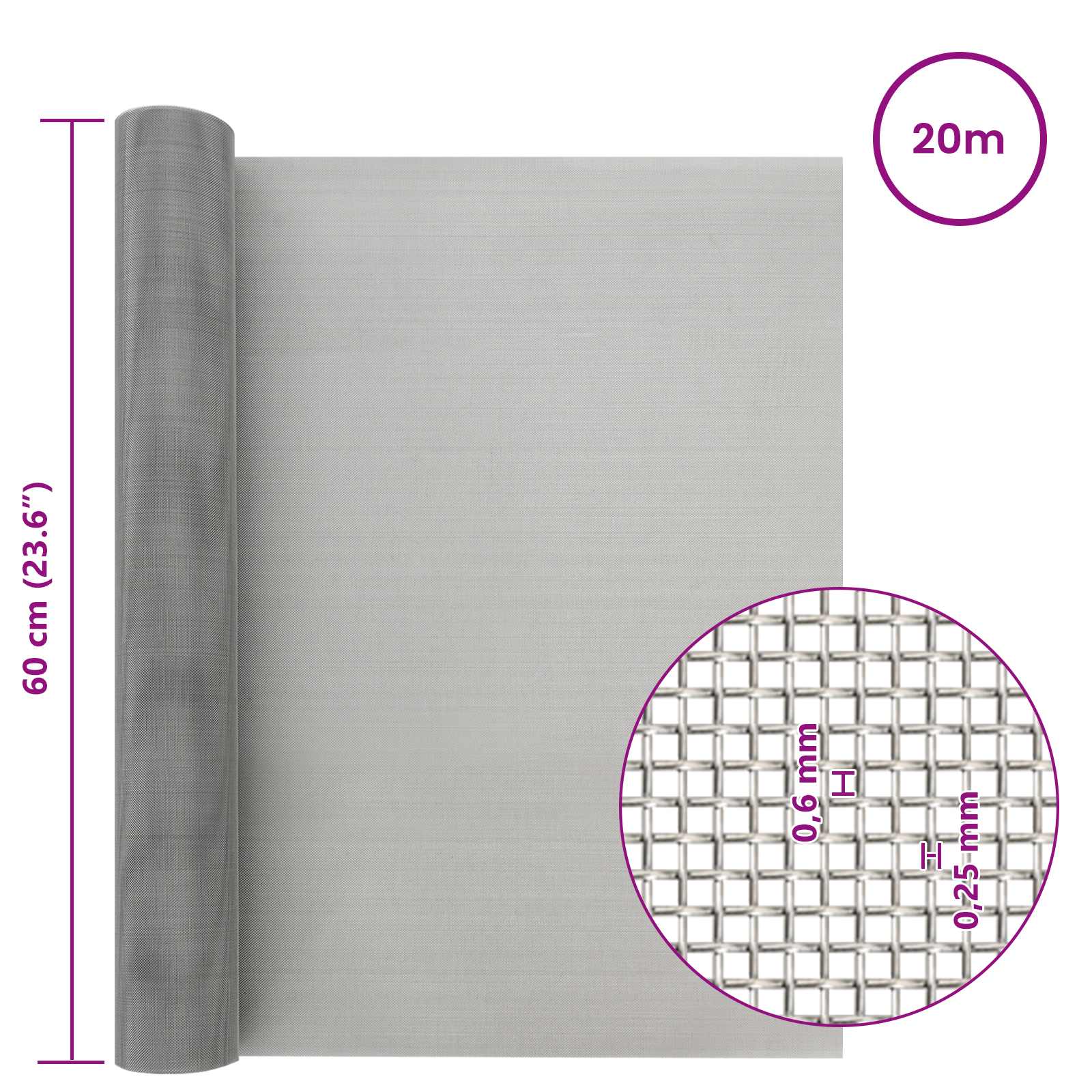 Mesh Bildschirm 20 x 500 cm 20 Mesh Edelstahl 201 Silber
