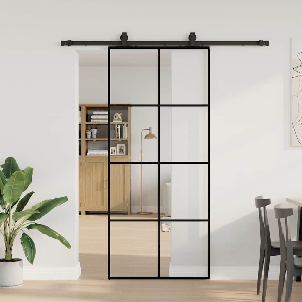Schiebetür mit Beschlag Schwarz 76x205 cm ESG-Glas