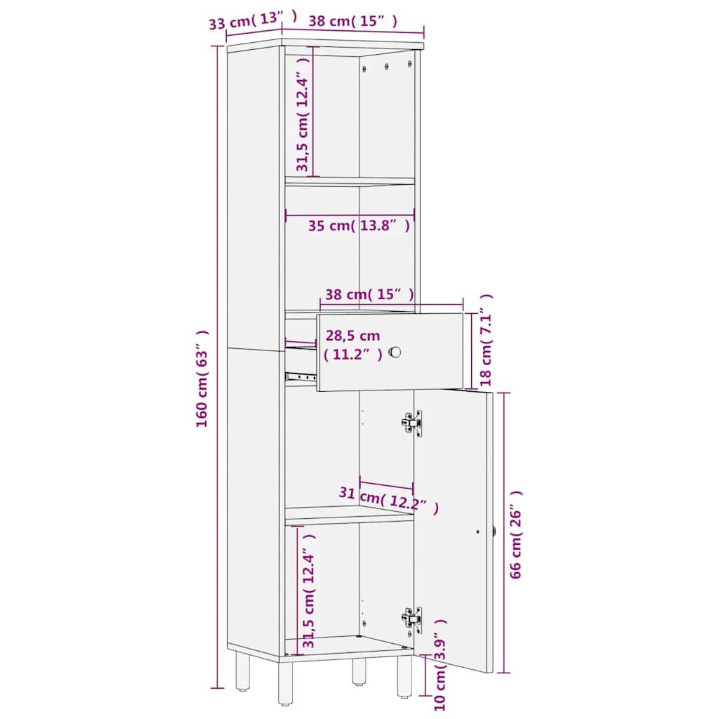 Badschrank 38x33x160 cm Massivholz Mango