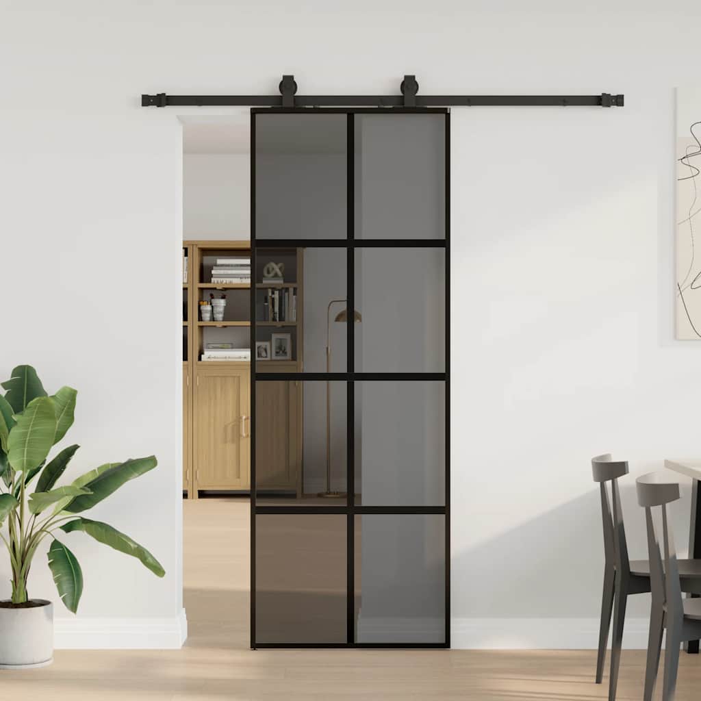 Schiebetür mit Beschlag Schwarz 76x205 cm Hartglas