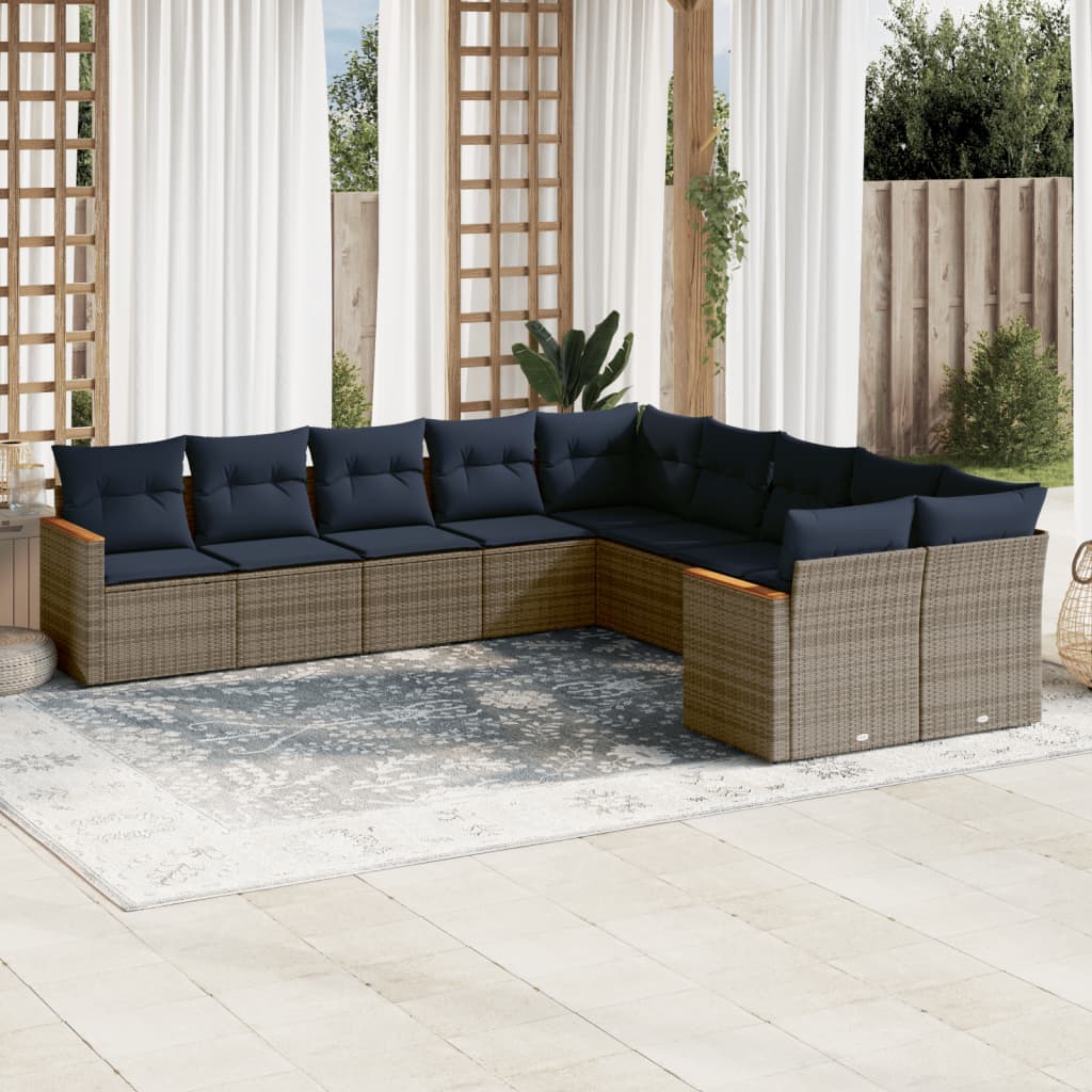 10-teiliges Gartensofa-Set mit Kissen, schwarzes Polyrattan