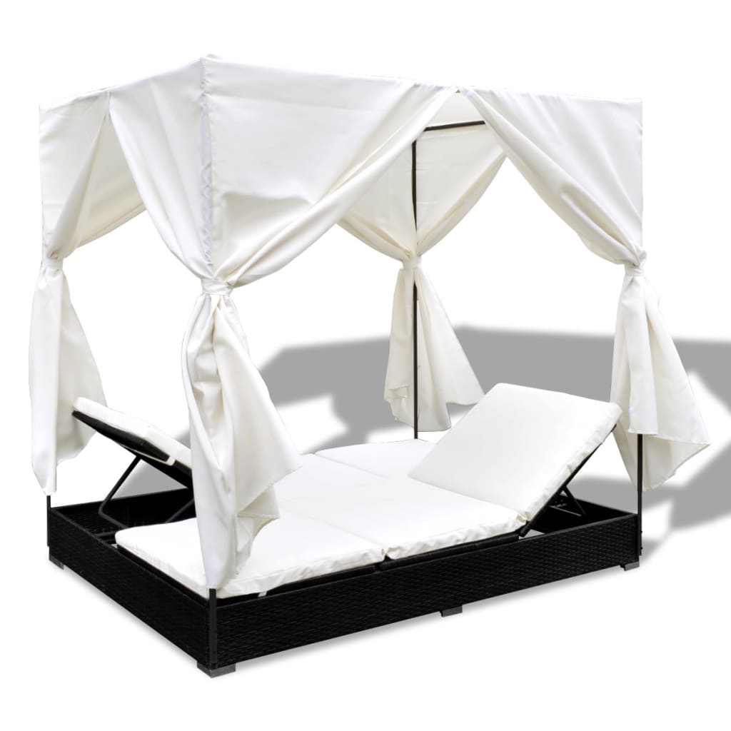 Outdoor-Loungebett mit Vorhang Poly Rattan Braun