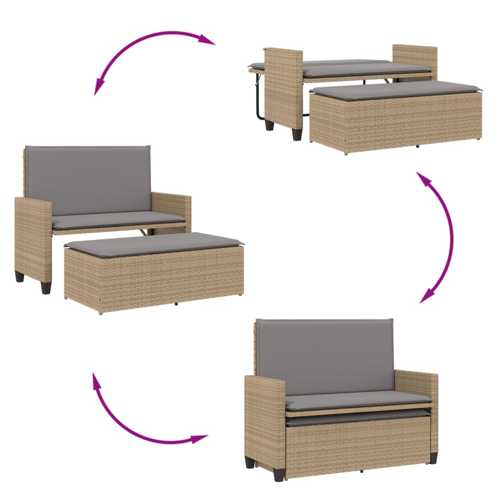 Gartenbank mit Kissen und Hocker Schwarz Poly Rattan