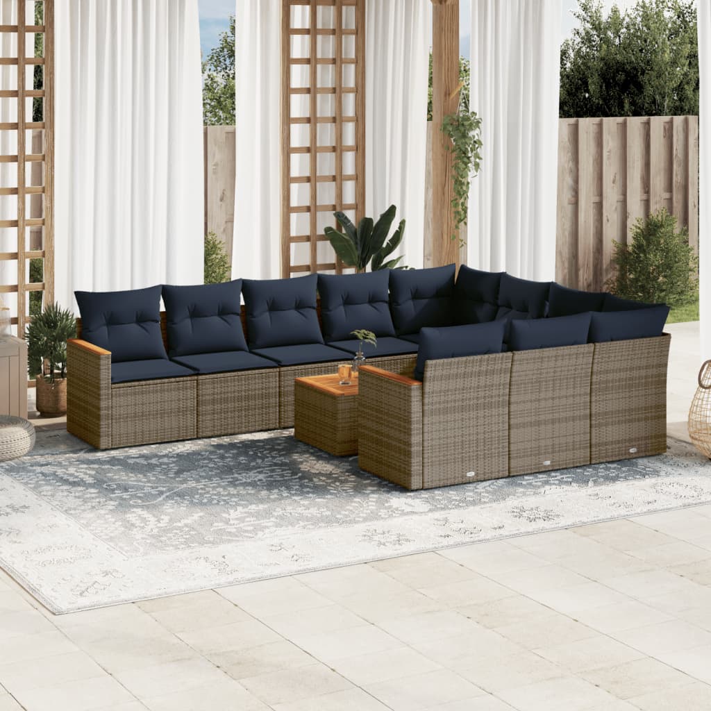 10-teiliges Gartensofa-Set mit Kissen, schwarzes Polyrattan