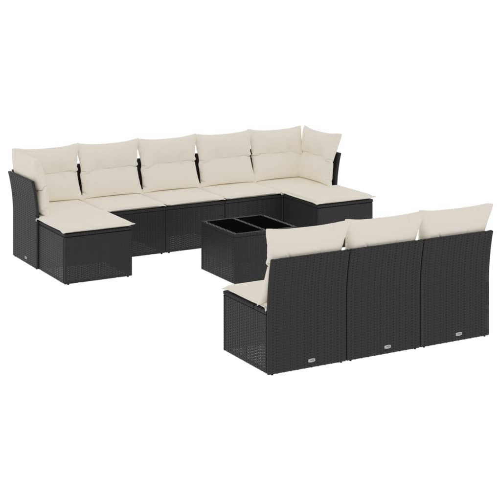 10-tlg. Garten-Sofagarnitur mit Kissen Schwarz Poly Rattan