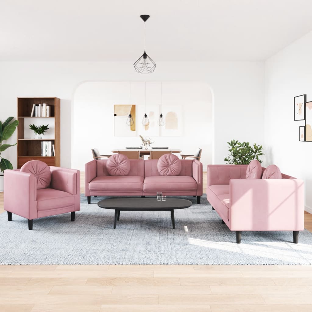 3-tlg. Sofagarnitur mit Kissen Creme Samt