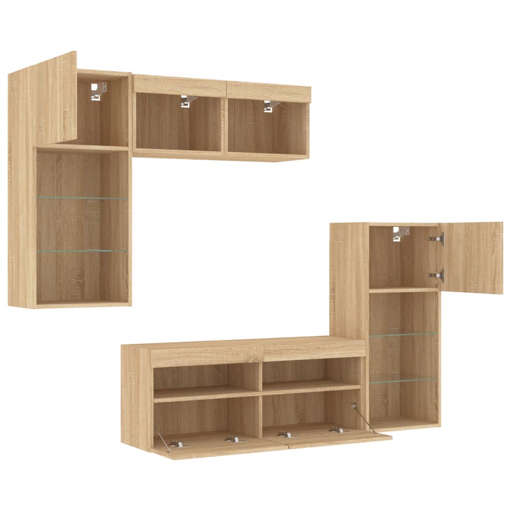 5-tlg. Wohnwand mit LED-Beleuchtung Weiß Holzwerkstoff