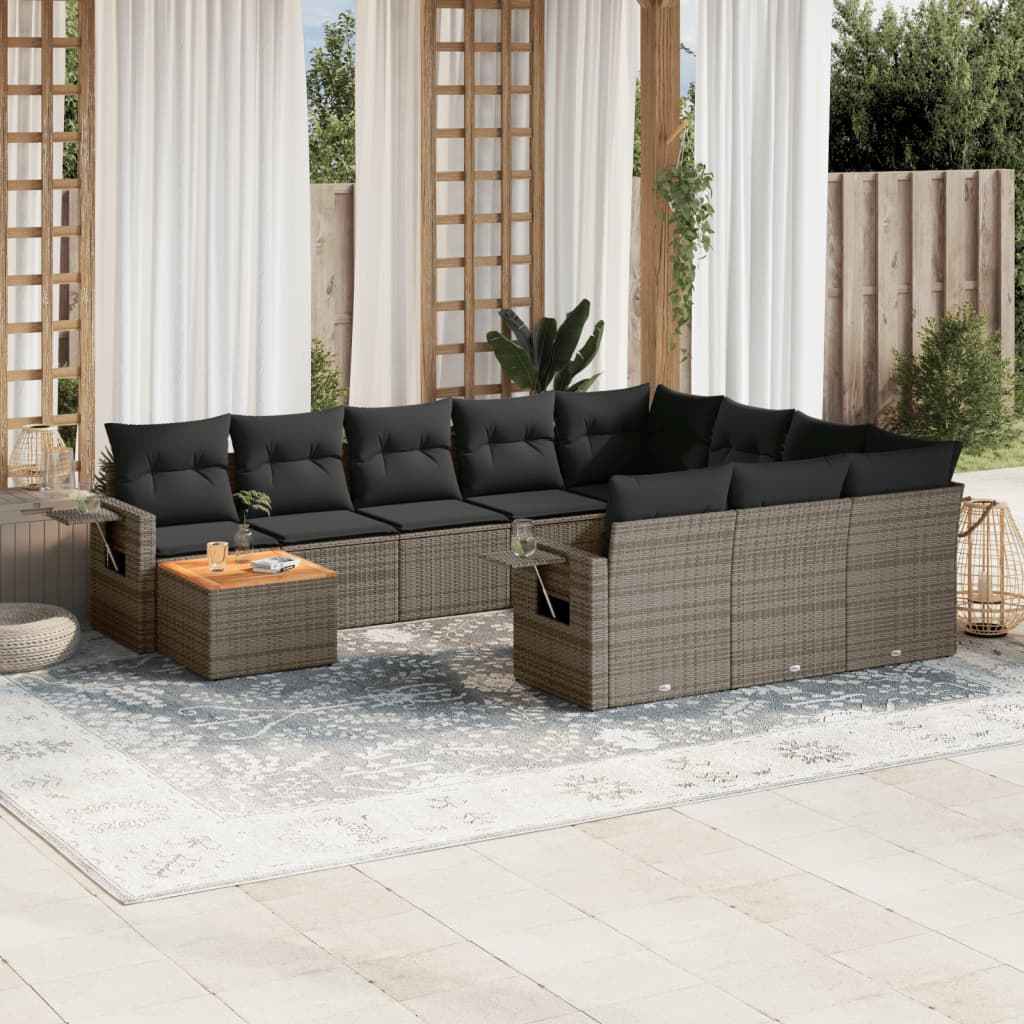 11-tlg. Garten-Sofagarnitur mit Kissen Schwarz Poly Rattan