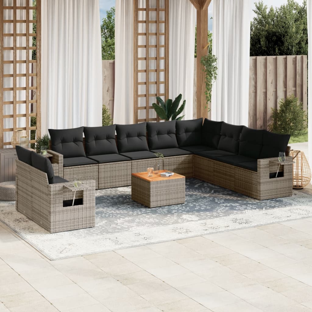 11-tlg. Garten-Sofagarnitur mit Kissen Schwarz Poly Rattan