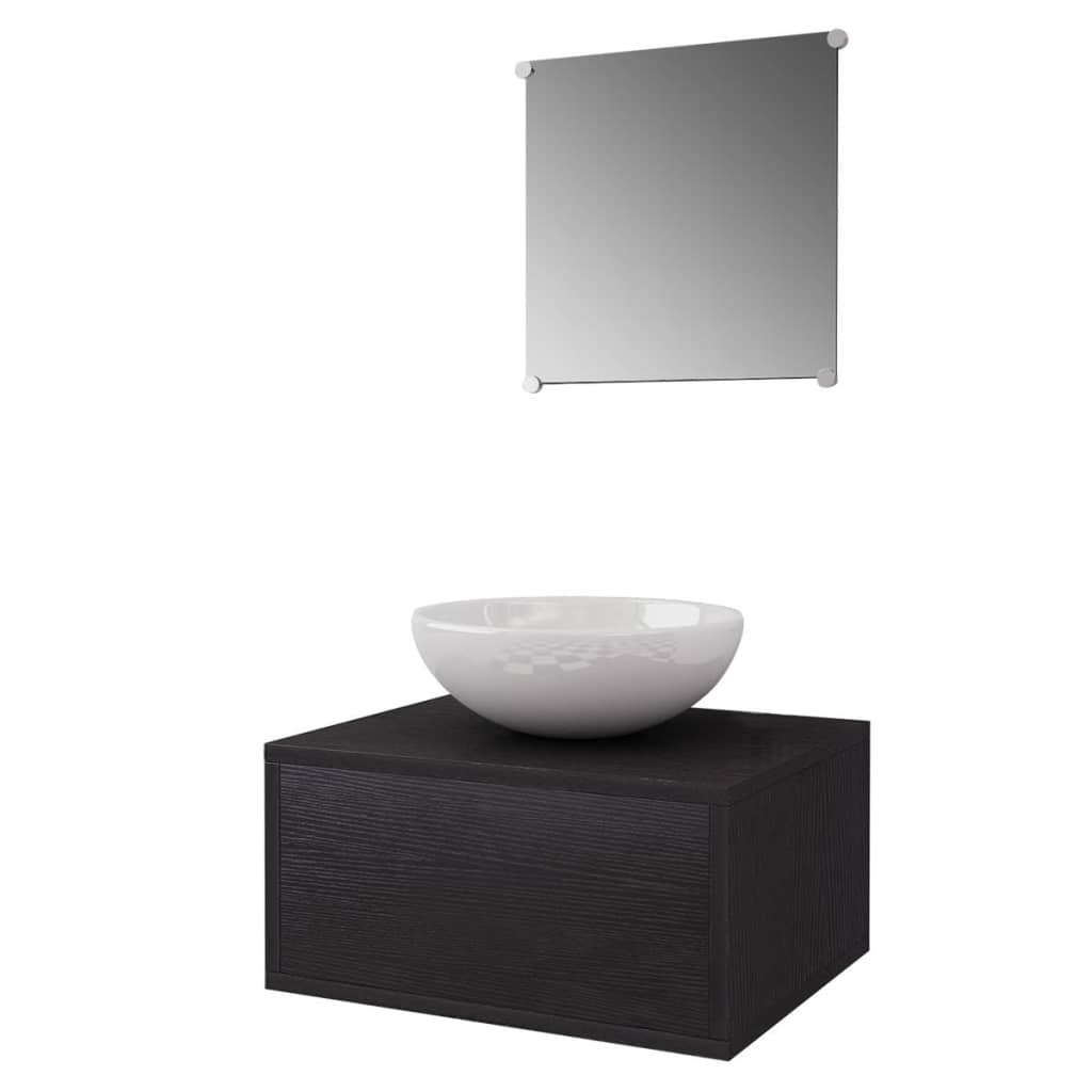 11-tlg. Badmöbel-Set mit Waschbecken und Wasserhahn Schwarz