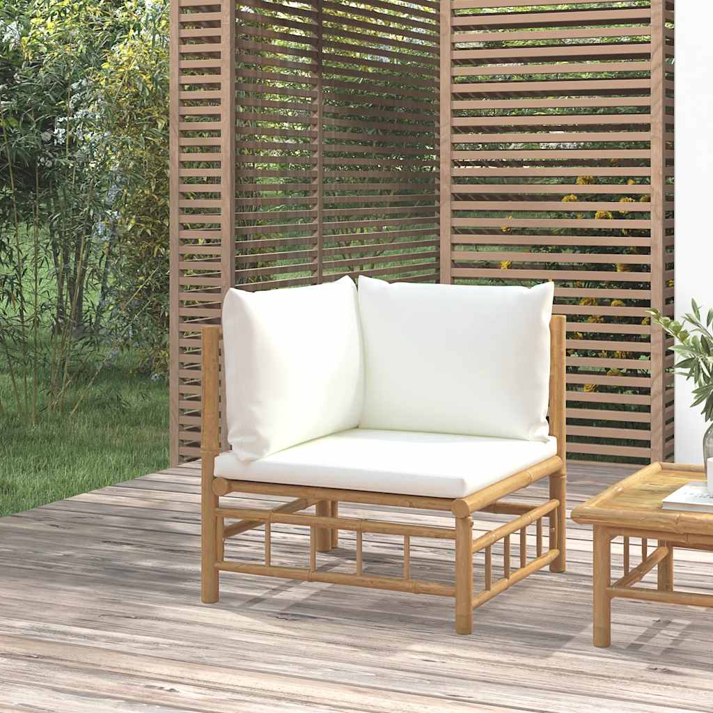3-tlg. Garten-Lounge-Set mit Kissen Creme Bambus