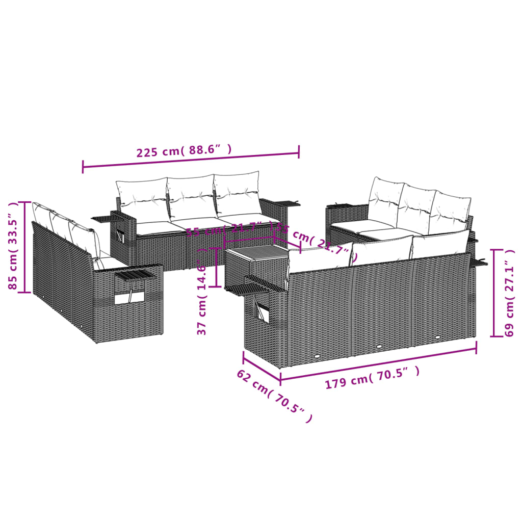 13-tlg. Garten-Sofagarnitur mit Kissen Schwarz Poly Rattan