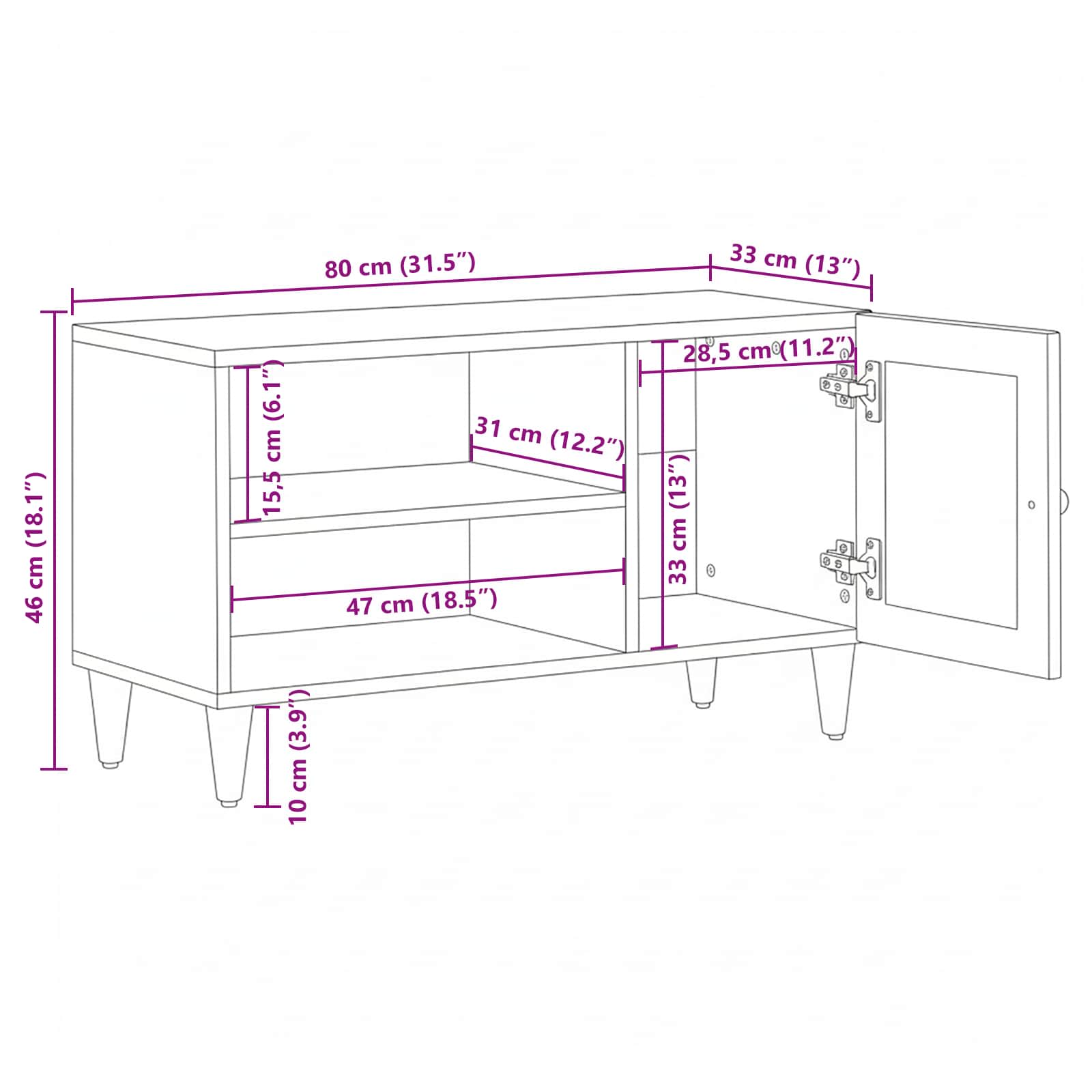 TV-Schränk mit Tür Walnuss 80 x 33 x 46 cm Massivholz Mango