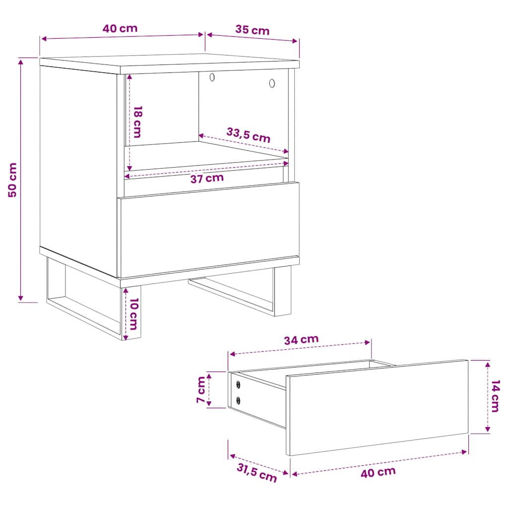Bettschrank Schwarz Eichen-Optik 40 x 35 x 50 cm Holzwerkstoff