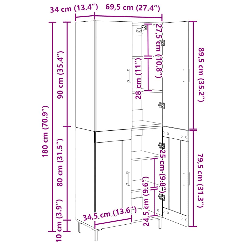 Highboard Betongrau 69,5x34x180 cm Holzwerkstoff