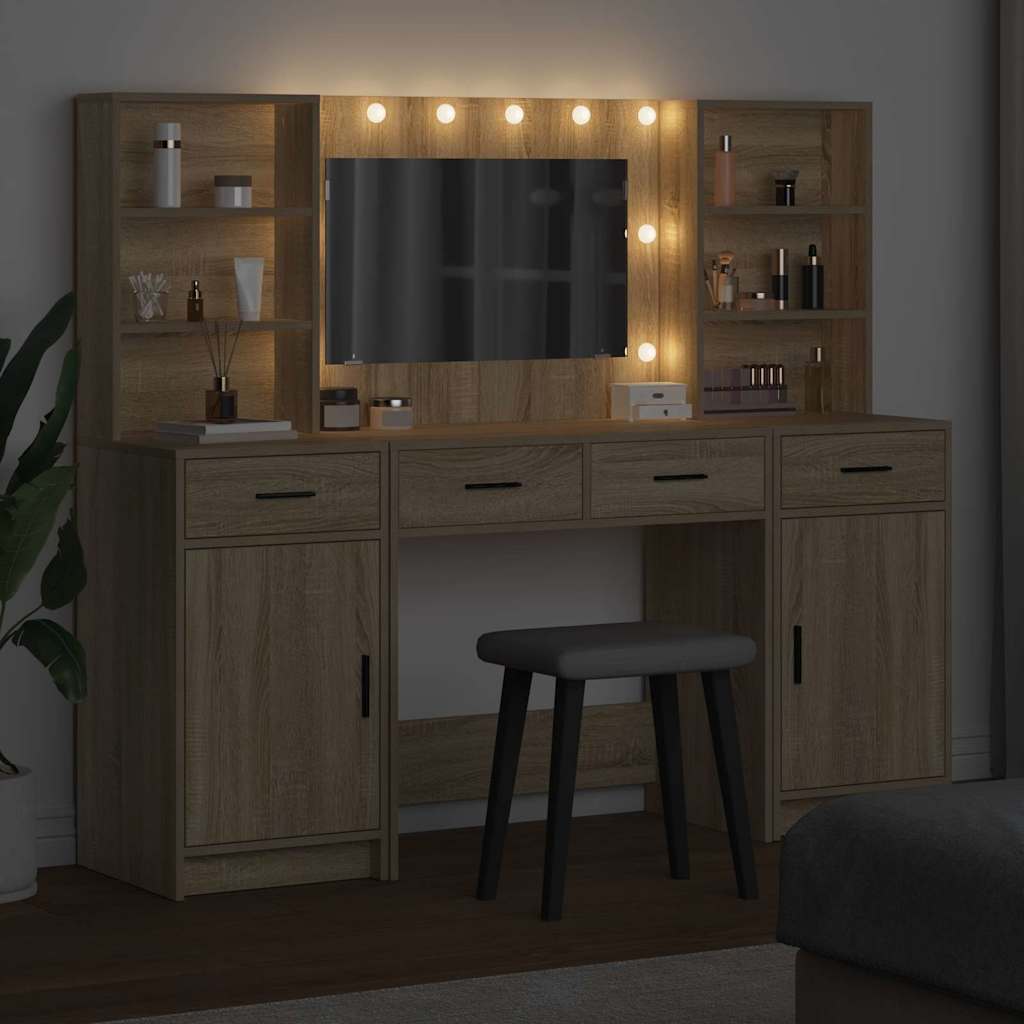 Schminktischset mit LED mit Schubladen 3 pcs Weiß Holzwerkstoff