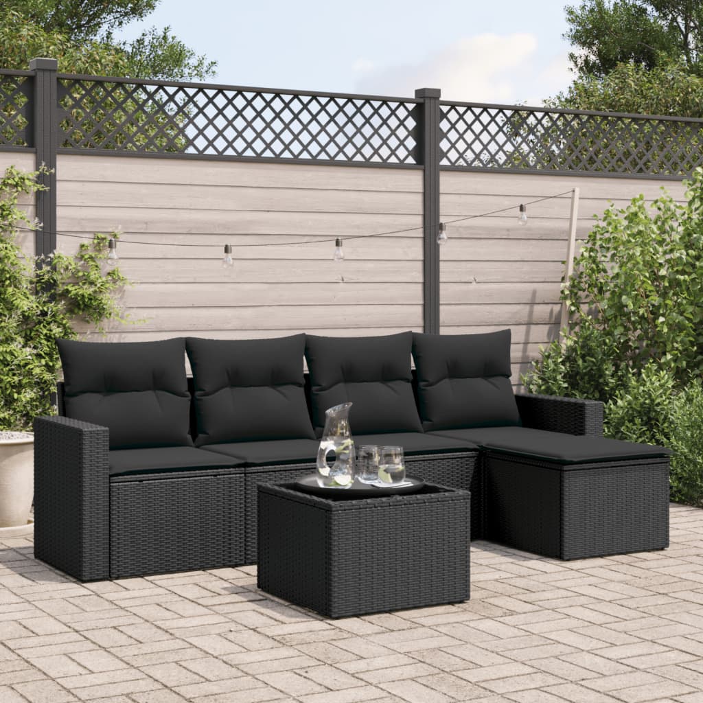 5-tlg. Garten-Sofagarnitur mit Kissen Schwarz Poly Rattan