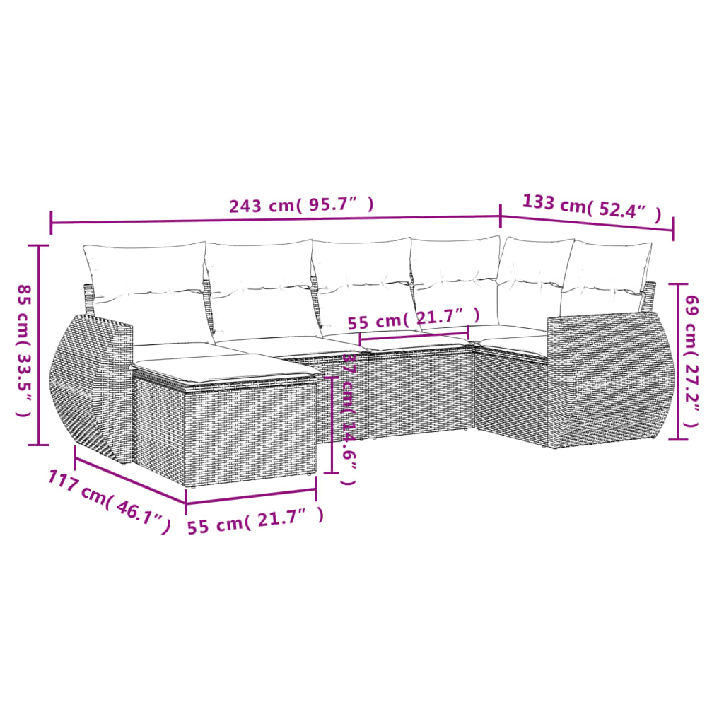 6-teiliges Gartensofa-Set mit Kissen, schwarzes Polyrattan