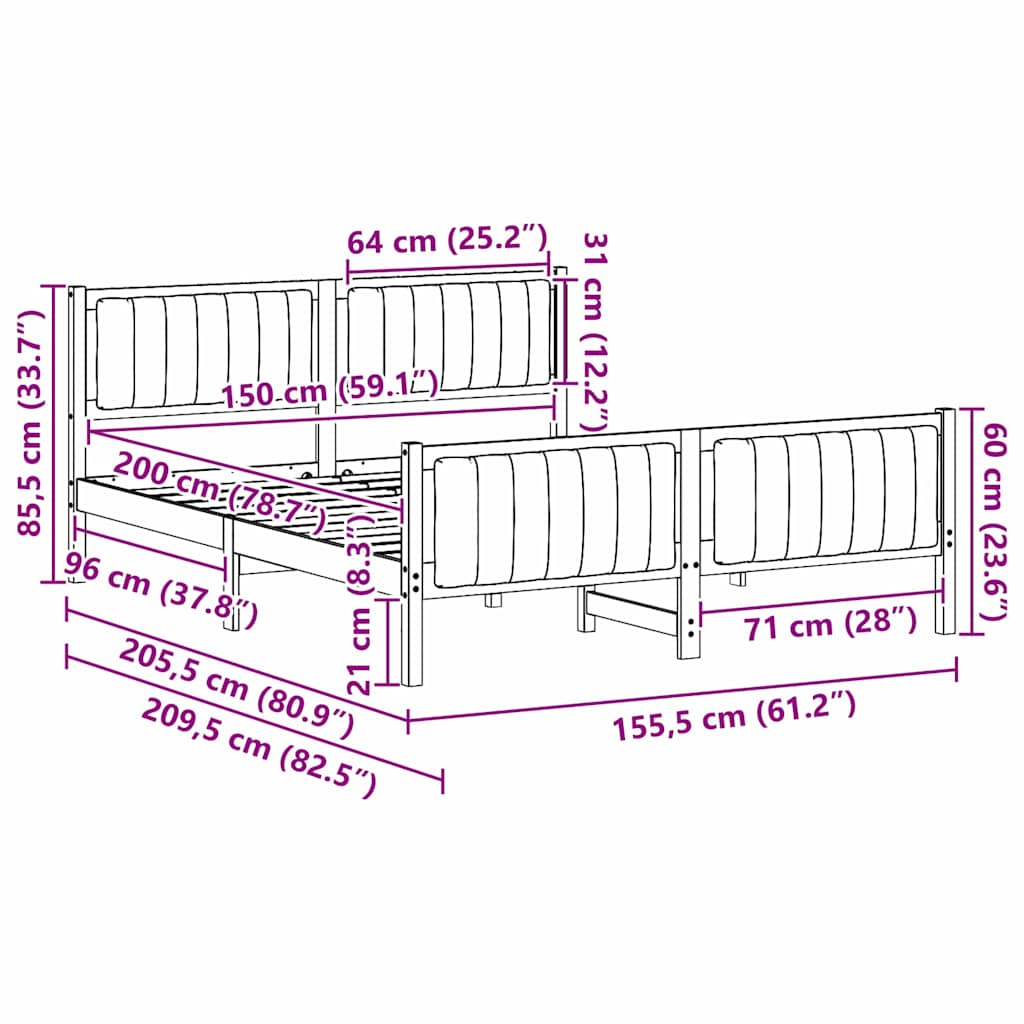 Bettgestell Braun und hellgrau 200 x 200 cm Massivholz Kiefer