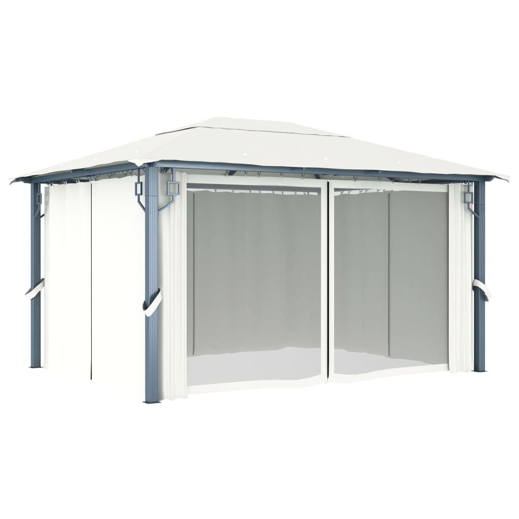Pavillon mit Vorhängen & LED-Lichterkette 300x300 cm Creme Alu