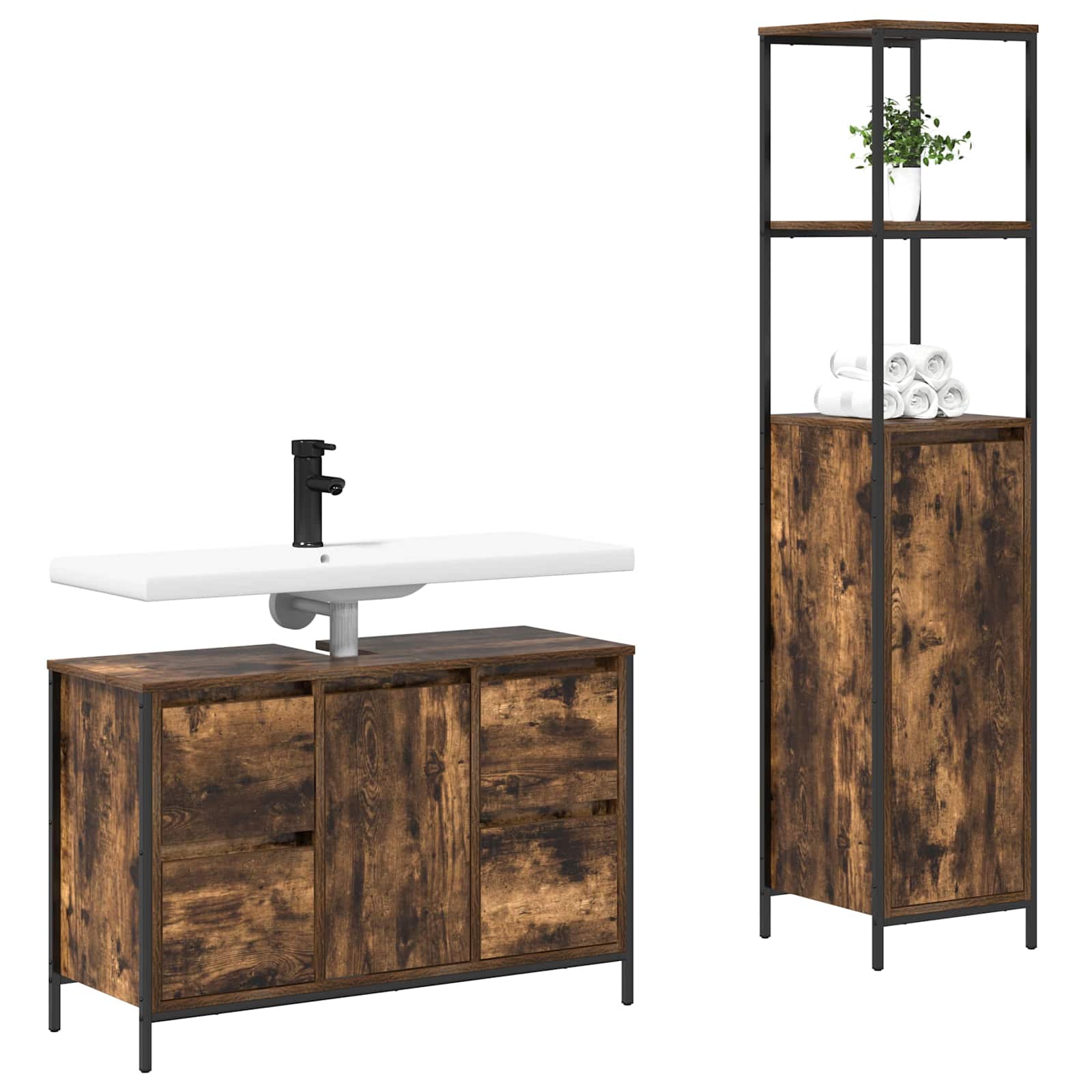 Badezimmermöbel Set mit Schubladen 2 pcs Schwarz Eichen-Optik