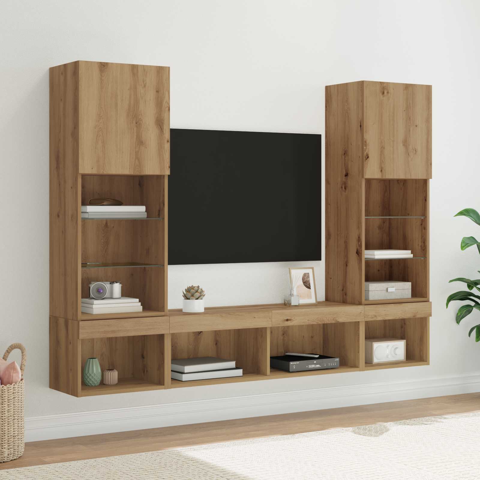 5-tlg. Wohnwand mit LED-Beleuchtung Weiß Holzwerkstoff